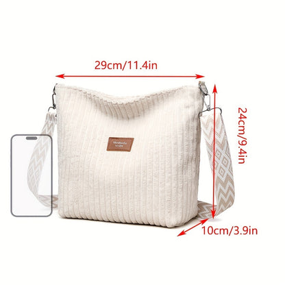 Casual Corduroy Crossbody Bag with Adjustable Strap, Lightweight Polyester Lined, Zipper Closure, Striped Pattern, Hand Washable - Fashionable Shoulder Bag for Daily Commute, Shopping, and Travel