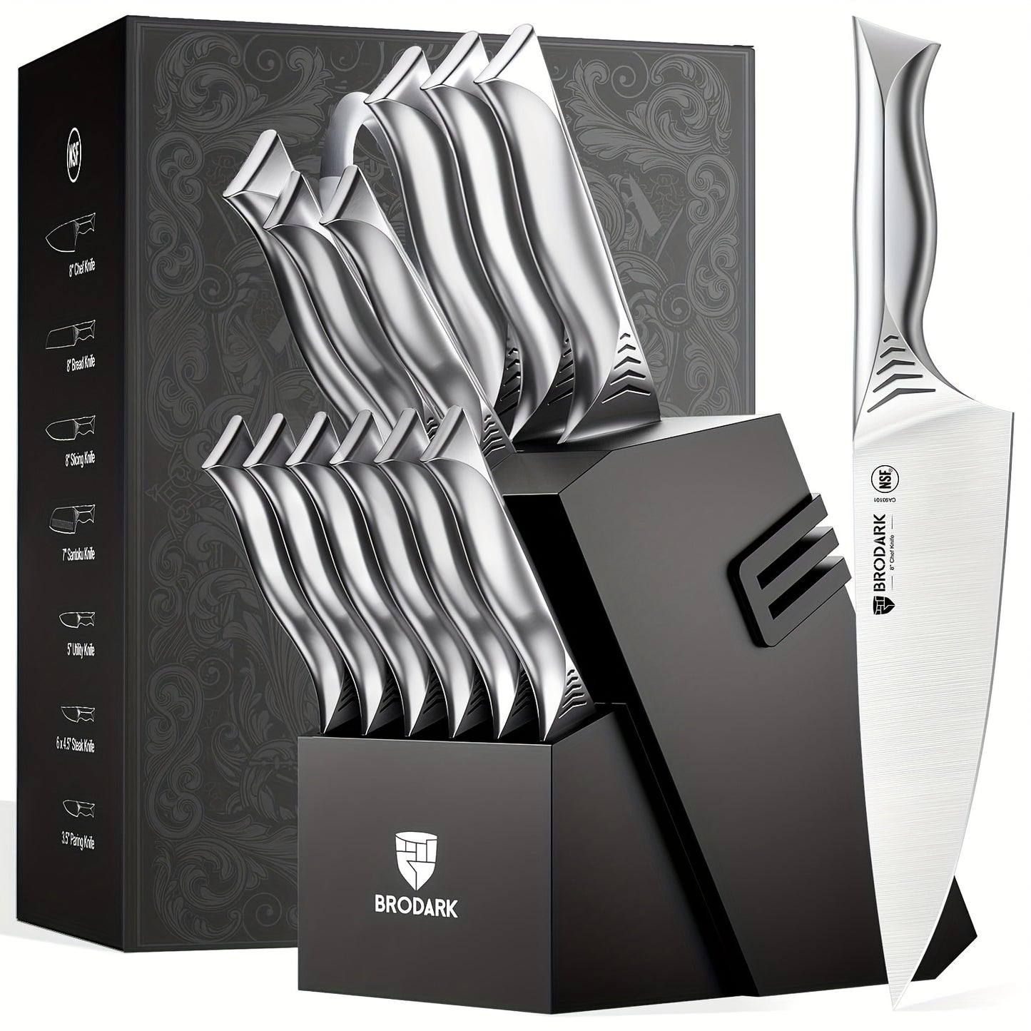 Brodark Shark Series Kitchen Knife Set With Block - 15pcs Knife Block Set With Built-in Sharpener - Dishwasher Safe - NSF Certified Stainless Steel - For Home Cooks & Professionals - Perfect Gift for Housewarming & Cooking Enthusiasts