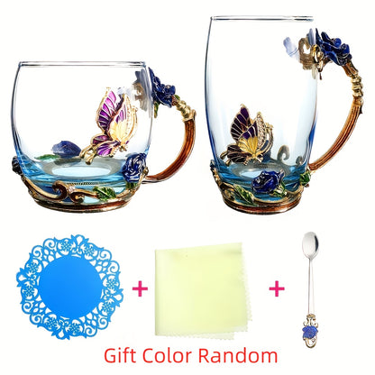 1pc Glass Cup Rose Enamel Crystal Tea Cup, Coffee Mug, Tumbler - Butterfly Rose Painted Flower Design - Clear Glass With Spoon Set - For Tea & Coffee Lovers - Perfect Gift for Mother's Day & Housewarming