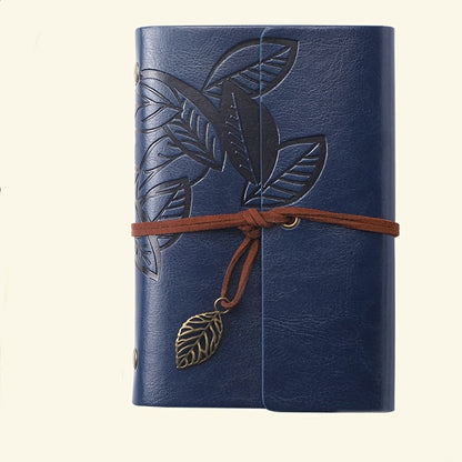 Vintage Leaf-Embossed Faux Leather Notebook - Spiral Bound, Loose-Leaf Journal with Strap Closure in Black, Orange, & Blue - Ideal for Students & Travelers
