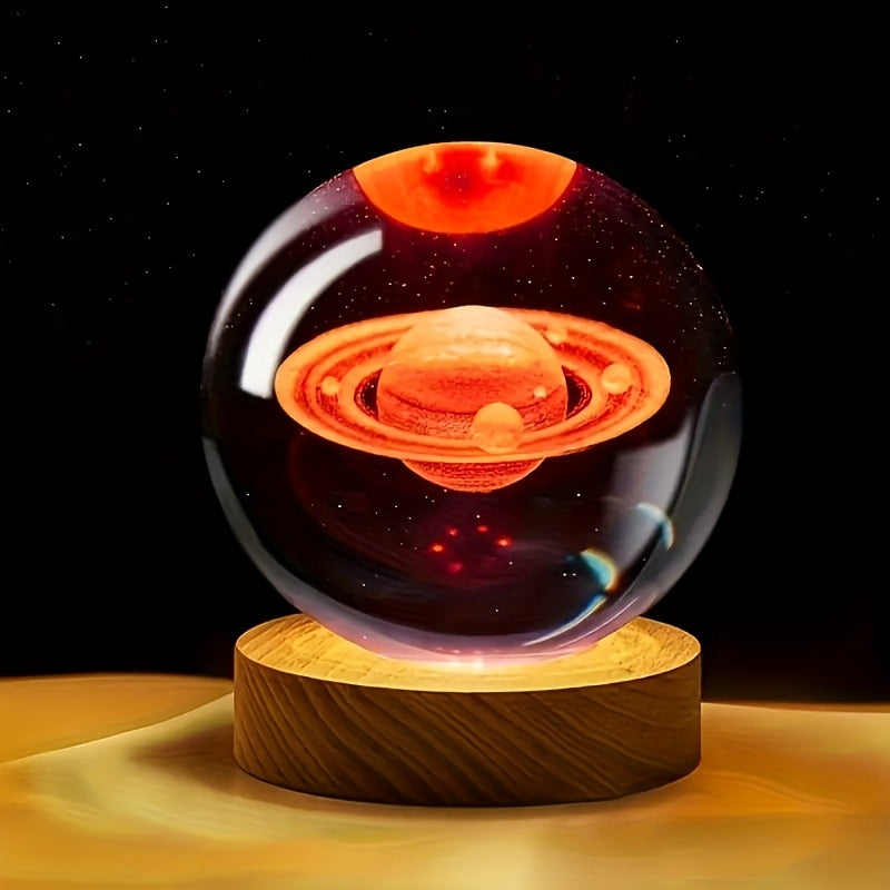 1pc Small 3D Saturn System Crystal Ball with Wooden Base, Planet Saturn Night Light for Home Decoration, Gift for Astronomy Lovers Educational Space Model 2.36 Inch