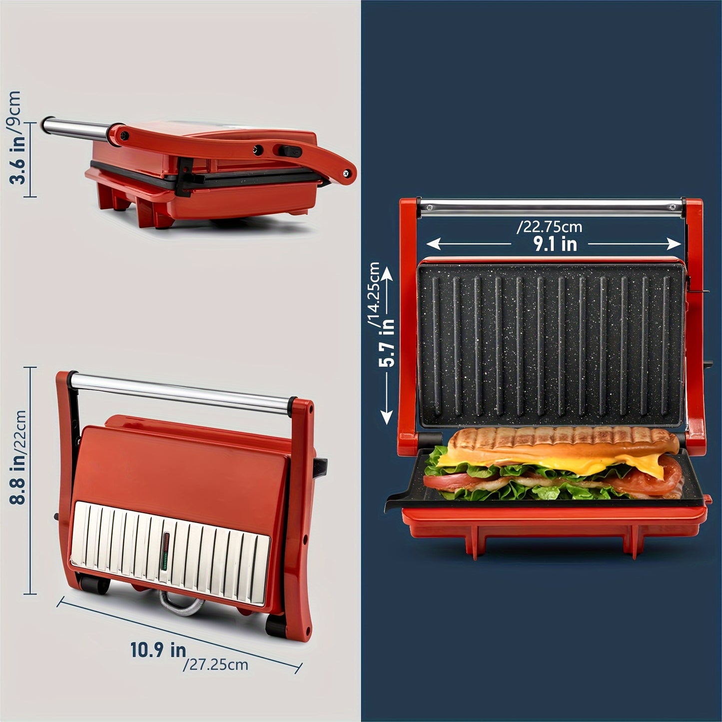 Compact 3-in-1 Electric Indoor Grill & Panini Press - Non-Stick, 180° Flip Sandwich Maker with Grease Tray, Adjustable Temperature, LED Indicators - Ideal for Quick Sandwiches, Omelets & More, Space-Saving Design for Small Kitchens, SUSTEAS