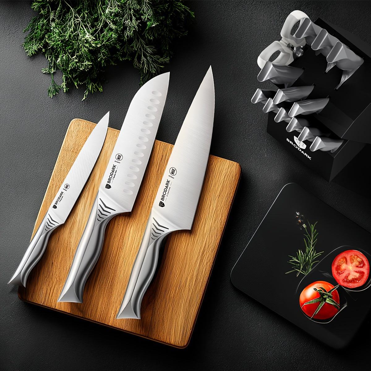 Brodark Shark Series Kitchen Knife Set With Block - 15pcs Knife Block Set With Built-in Sharpener - Dishwasher Safe - NSF Certified Stainless Steel - For Home Cooks & Professionals - Perfect Gift for Housewarming & Cooking Enthusiasts