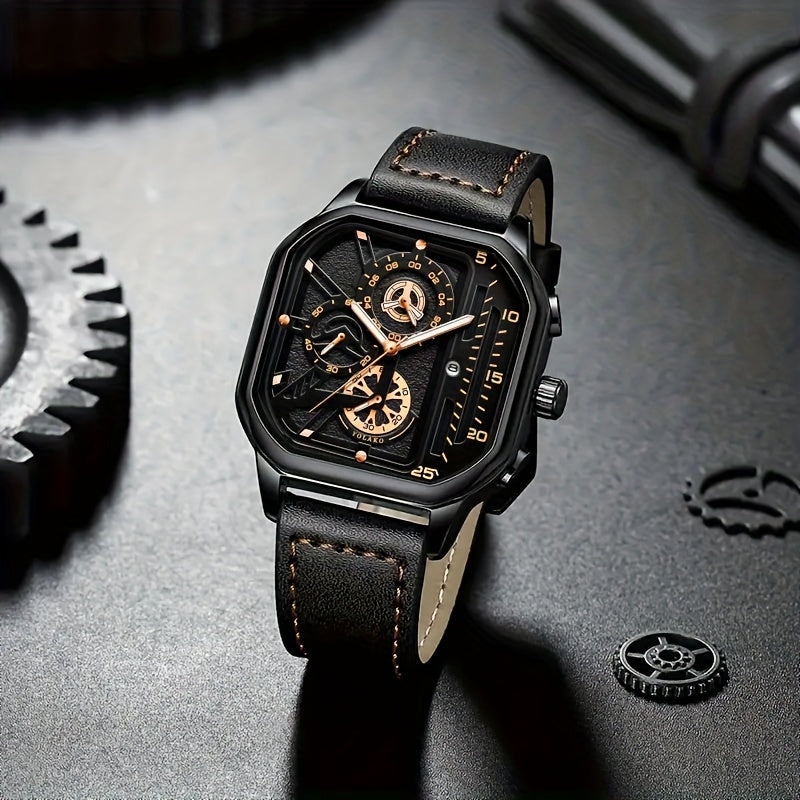 Vintage Sports Men's Watch - Large Dial Date PU Leather Calendar Quartz Wristwatch - For Men - Ideal Gift for Fathers Day & Birthdays