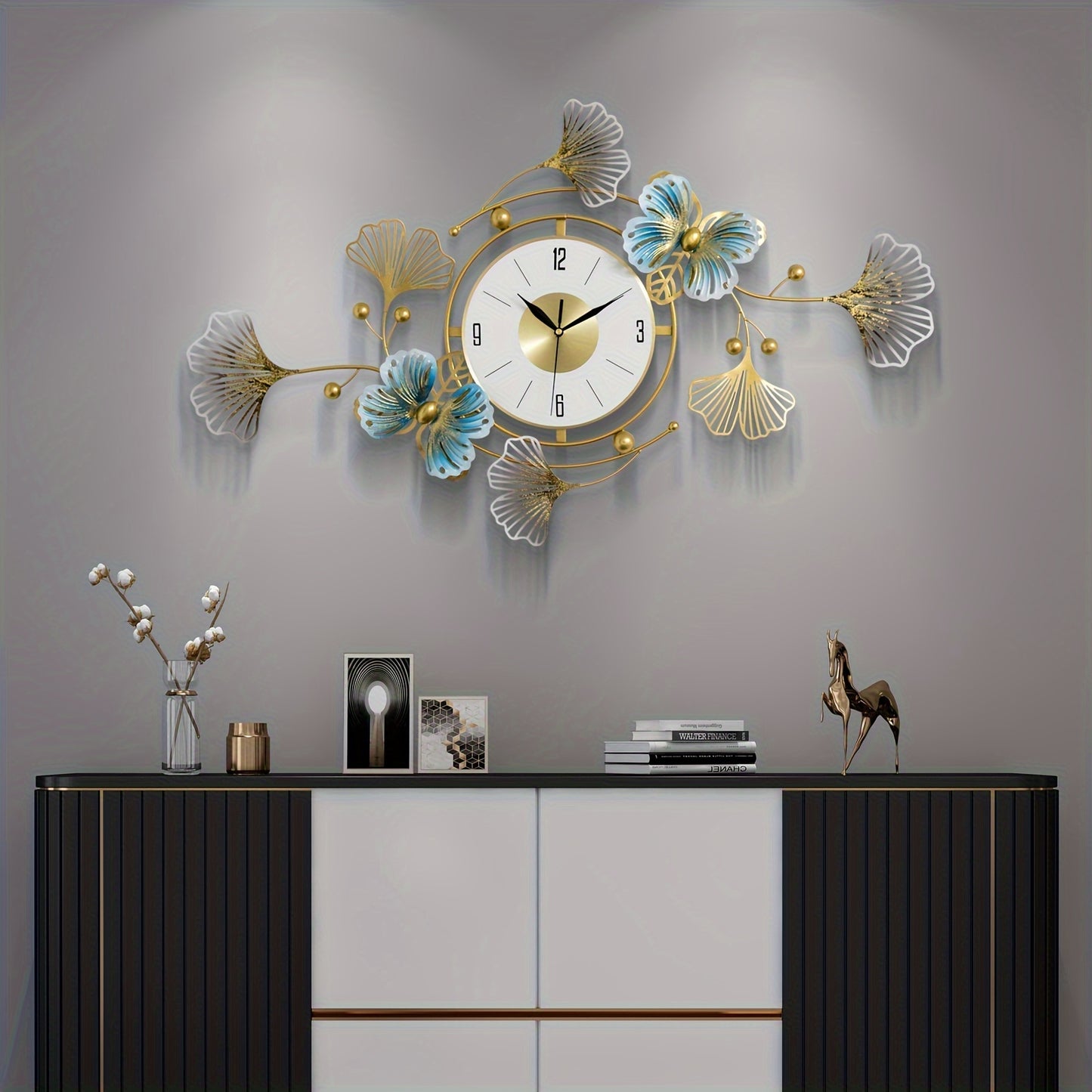 Elegant Ginkgo Leaf Wall Clock - Large 3D Metal Design...