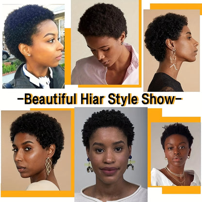 Elegant Pixie Cut Wig for Women - Natural Black Brazilian Human Hair, Kinky Curly, Glueless, 150% Density, Short, Wigs