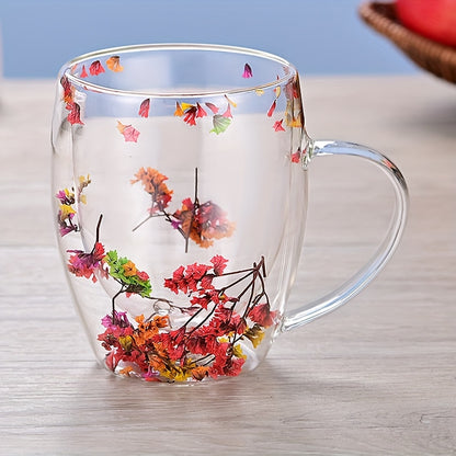 Double Wall Borosilicate Glass Coffee Mug, Clear Decorative Floral Design Cup for Cappuccino, Tea, Espresso, Latte, Hot Beverages, Durable Glassware, Ideal Birthday Gift for Women