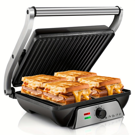 Compact 3-in-1 Electric Indoor Grill & Panini Press - Non-Stick, 180° Flip Sandwich Maker with Grease Tray, Adjustable Temperature, LED Indicators - Ideal for Quick Sandwiches, Omelets & More, Space-Saving Design for Small Kitchens, SUSTEAS