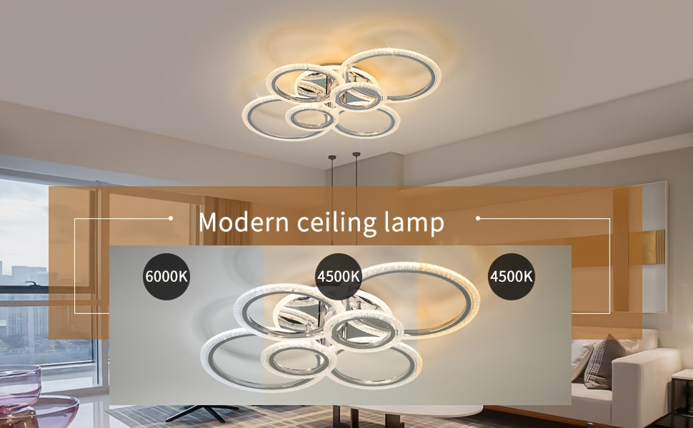 Local - Fastest delivery: 2 daysLED Ceiling Lamp Modern Close to Ceiling Light Dimmable 6 Rings Ceiling Chandelier for Living Room Bedroom, Chrome