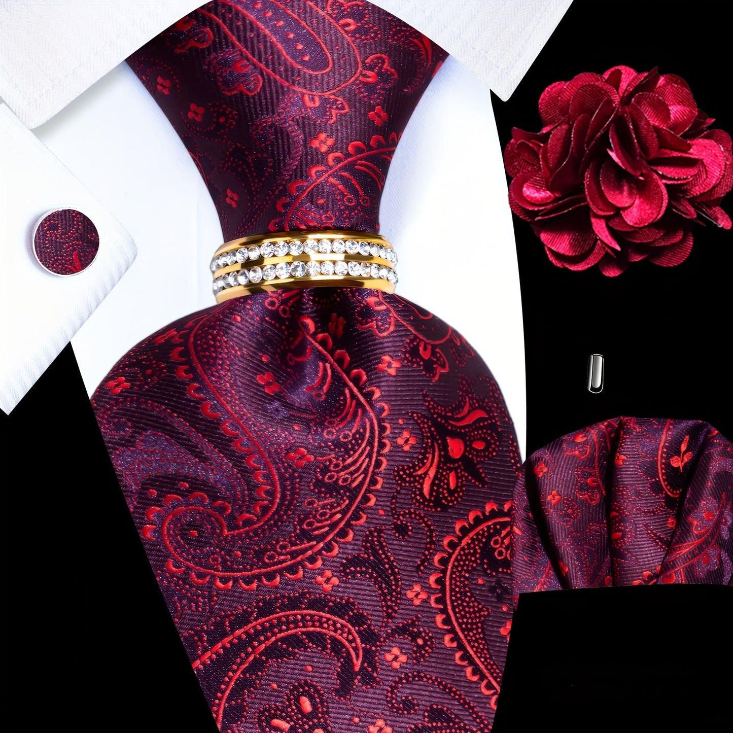 5PCS Men's Luxury Tie Set with Pocket Square, Cufflinks, Drilled Tie Ring, and Lapel Pin