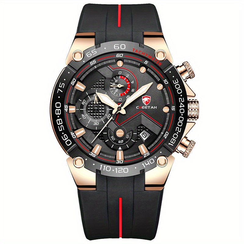 CHEETAH Luxury Quartz Sports Watch With Big Dial Chronograph And Auto Date Silicone Watchband For Men, Ideal choice for Gifts