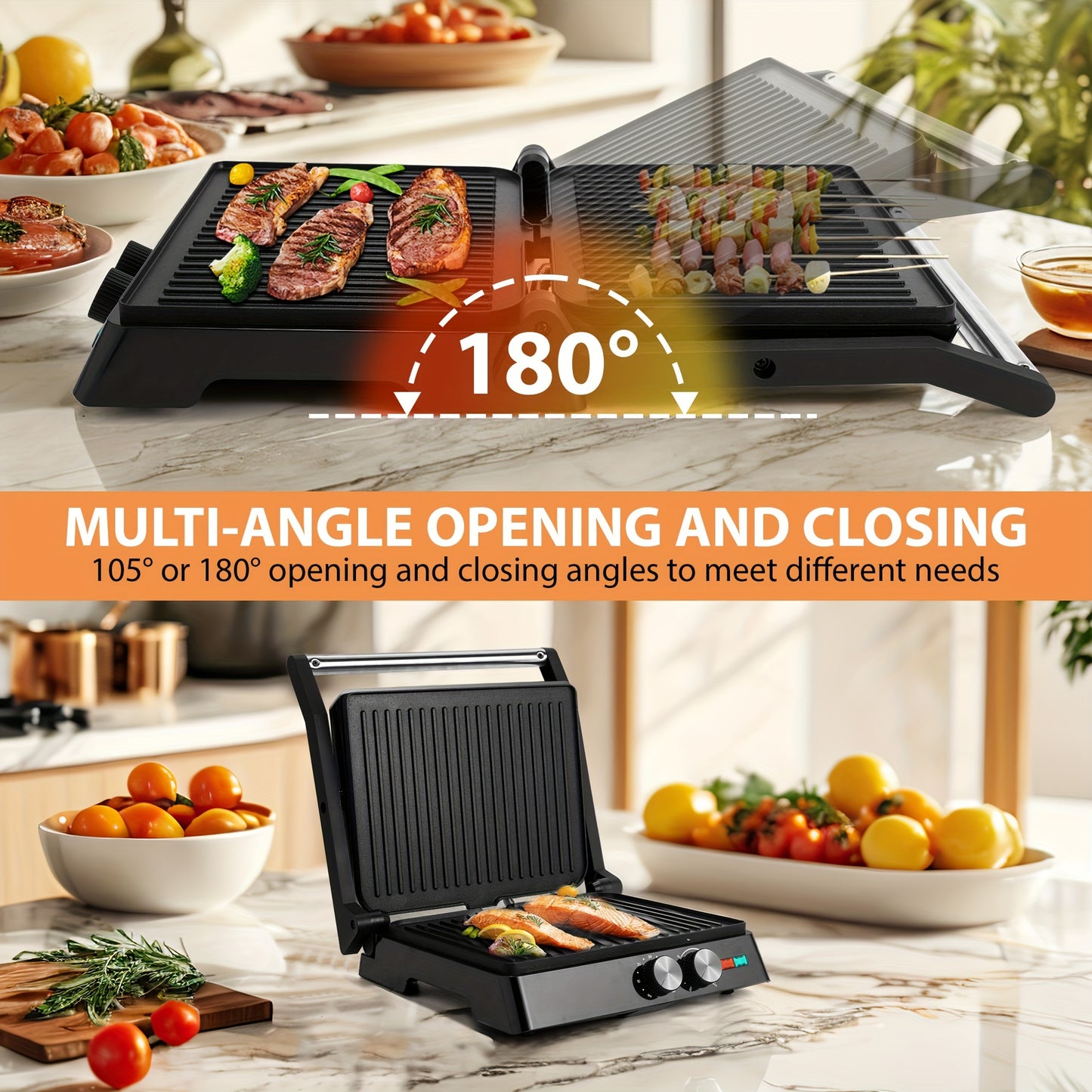 Compact 3-in-1 Electric Indoor Grill & Panini Press - Non-Stick, 180° Flip Sandwich Maker with Grease Tray, Adjustable Temperature, LED Indicators - Ideal for Quick Sandwiches, Omelets & More, Space-Saving Design for Small Kitchens, SUSTEAS