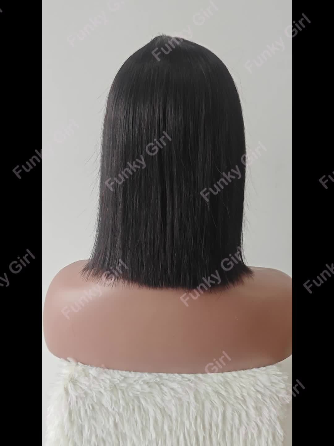 Short Bob Straight Human Hair Wigs With Bangs Natural Color Glueless Full Machine Made Human Hair Wigs 6-14 Inch