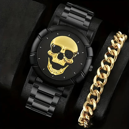 Avant-Garde Skull Men's Quartz Watch and Bracelet Set - Non-Waterproof Stainless Steel Fashion Accessory with Zinc Alloy Case, Round Pointer Display, Electronic Drive - 2pcs Stylish Gift Set, With Gift Box Packaging