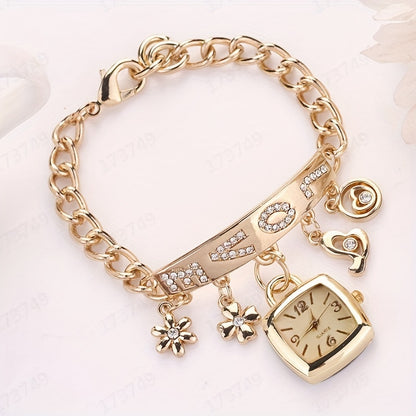 Women's Bracelet Watch LOVE Alphabet Alloy Quartz Watch Flower Decor Tonneau Dress Watch Ladies Exquisite Casual Watch