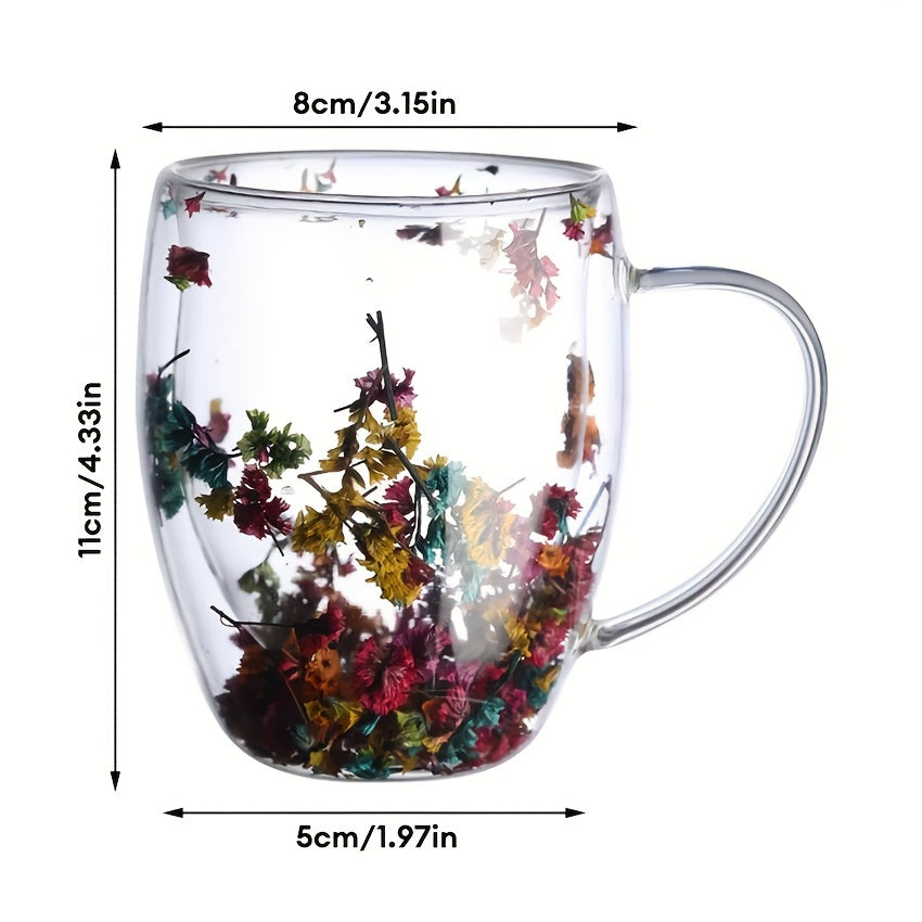 Double Wall Borosilicate Glass Coffee Mug, Clear Decorative Floral Design Cup for Cappuccino, Tea, Espresso, Latte, Hot Beverages, Durable Glassware, Ideal Birthday Gift for Women