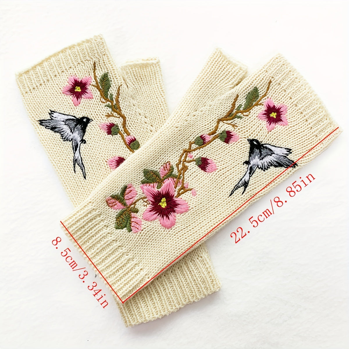 1 Pair of Elegant Women's Fingerless Knit Gloves with Floral & Bird Embroidery - Stretchy, Warm Decorative Beige Gloves for Spring & Autumn, Hand-Washable