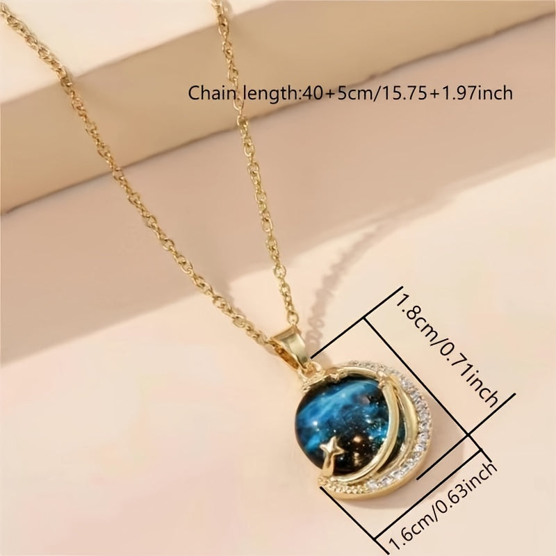 Fashion Trend Jewelry Blue Planet Star and Moon Pendant Necklace - Two-Dimensional Style Micro-Encrusted Rhinestone - For Girls & Women - Perfect Gift for Birthday, Anniversary, or Special Occasions