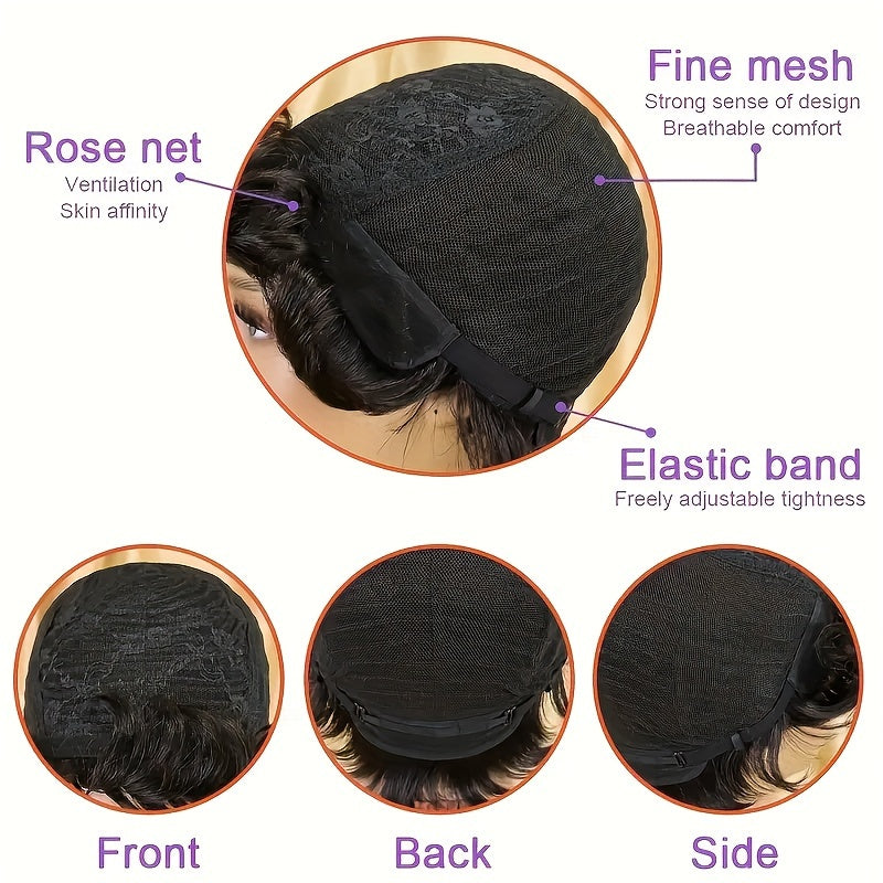 Elegant Pixie Cut Wig for Women - Natural Black, Kinky Curly Brazilian Human Hair, Glueless with Rose Net Cap, 150% Density