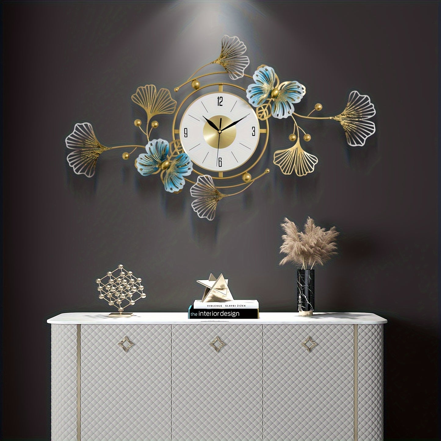 Elegant Ginkgo Leaf Wall Clock - Large 3D Metal Design...