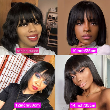 Short Bob Straight Human Hair Wigs With Bangs Natural Color Glueless Full Machine Made Human Hair Wigs 6-14 Inch