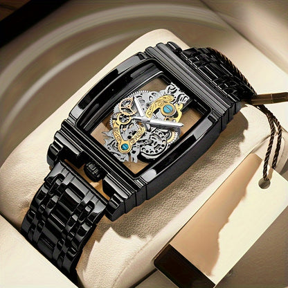 Elegant Men's Golden-Tone Tonneau Watch with Intricate Mechanical Design - Stainless Steel, Luminous Hands & Date Display, Stopwatch Function, Water-Resistant