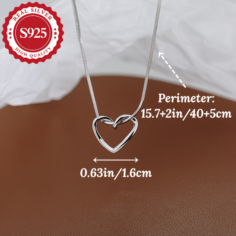 S925 Sterling Silver Heart Pendant Necklace for Women, Simple Luxury Style, Silver Plated, Hypoallergenic, Lightweight 3.4g, Clavicle Chain for Daily and Party Occasions