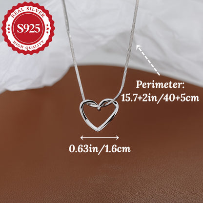 S925 Sterling Silver Heart Pendant Necklace for Women, Simple Luxury Style, Silver Plated, Hypoallergenic, Lightweight 3.4g, Clavicle Chain for Daily and Party Occasions