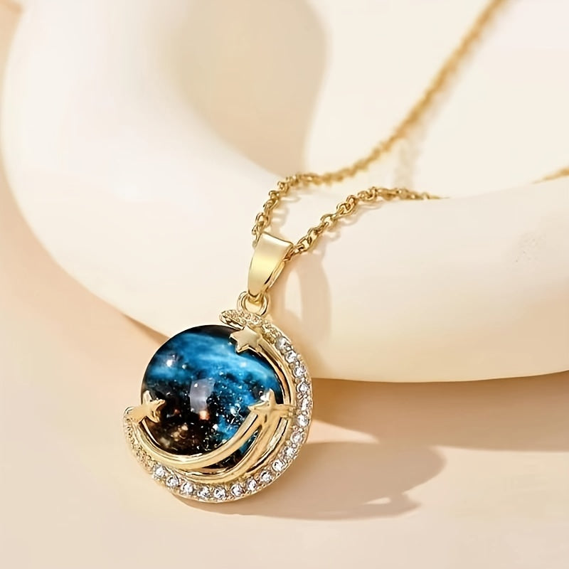 Fashion Trend Jewelry Blue Planet Star and Moon Pendant Necklace - Two-Dimensional Style Micro-Encrusted Rhinestone - For Girls & Women - Perfect Gift for Birthday, Anniversary, or Special Occasions