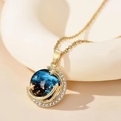 Fashion Trend Jewelry Blue Planet Star and Moon Pendant Necklace - Two-Dimensional Style Micro-Encrusted Rhinestone - For Girls & Women - Perfect Gift for Birthday, Anniversary, or Special Occasions