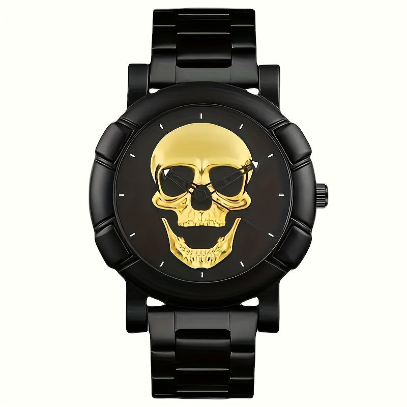 Avant-Garde Skull Men's Quartz Watch and Bracelet Set - Non-Waterproof Stainless Steel Fashion Accessory with Zinc Alloy Case, Round Pointer Display, Electronic Drive - 2pcs Stylish Gift Set, With Gift Box Packaging