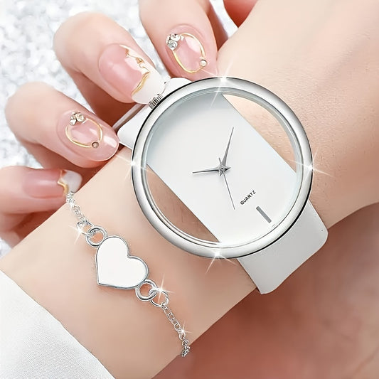 2pcs/set Women's Fashion Quartz Watch And Bracelet Set, Equipped With Classic Strap, Stylish Hollow Dial Design, Precise And Elegant Design, Simple And Fashionable, Equipped With Of Heart-Shaped Bracelets, The Perfect Gift For Her