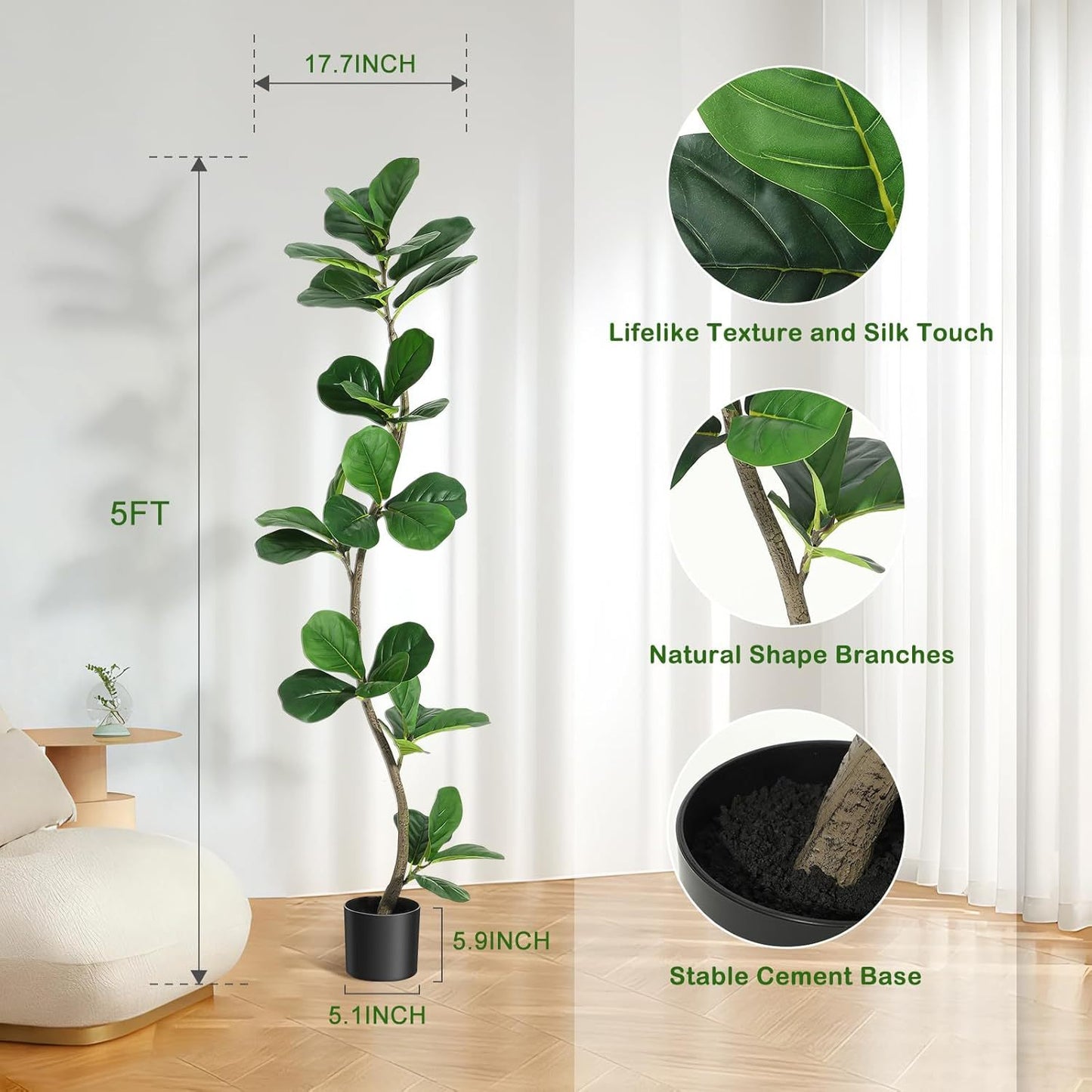 Artificial Fiddle Leaf Fig Tree, Fake Plant with White Planter and Natural Wood Trunk for Home or Office Decor - Artificial Plants Indoor