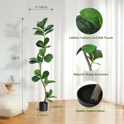 Artificial Fiddle Leaf Fig Tree, Fake Plant with White Planter and Natural Wood Trunk for Home or Office Decor - Artificial Plants Indoor