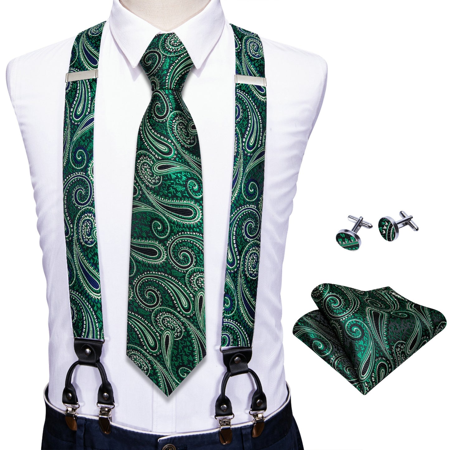 Men Jacquard Adjustable 6 Clips Suspender Neckties Pocket Square Cufflinks