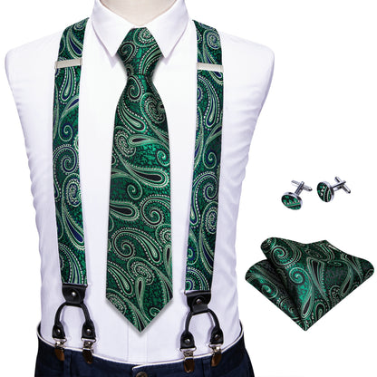 Men Jacquard Adjustable 6 Clips Suspender Neckties Pocket Square Cufflinks