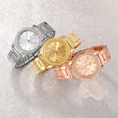 3pcs/set Fashionable Steel Band Watch Set, Exquisite Digital Dial Display Screen, Paired With Alloy Case, Rhinestone Design, Non Waterproof, Exquisite, Elegant, Fashionable Watch Set Combination, Perfect Choice For Giving To Family/Friends/Lovers