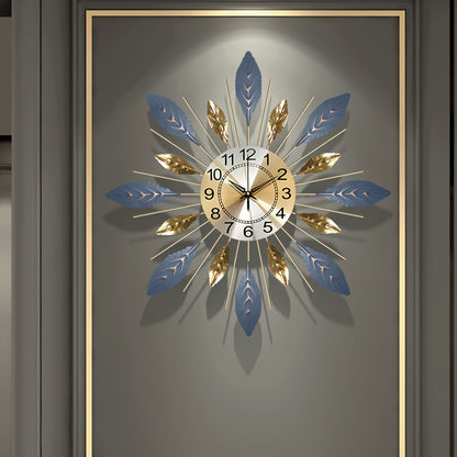 Luxury 21.6-Inch Golden Blue Metal Leaf Design Wall Clock - Silent Non-Ticking