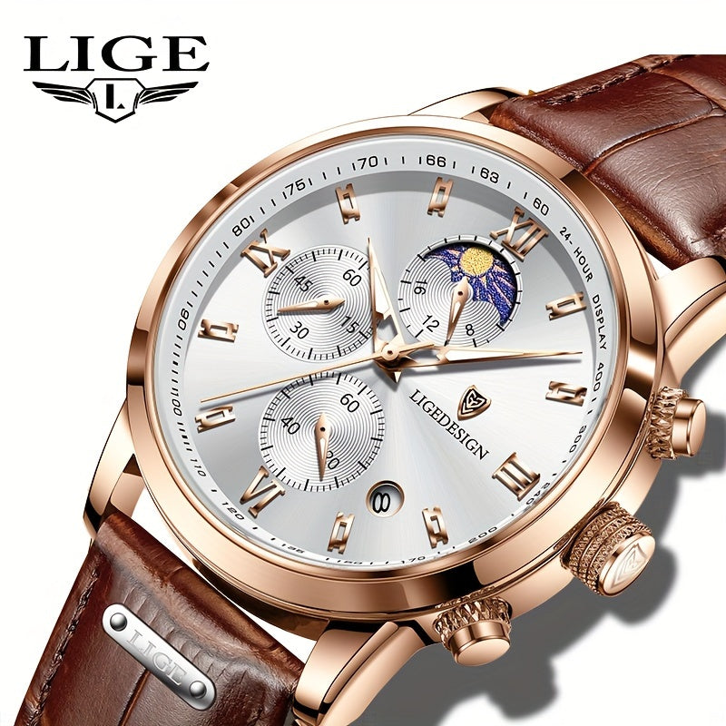 LIGE Men's Watch With Pu Leather Strap. Outdoor Sports Watches. Chronograph Luminous Calendar Quartzwatches. Suitable As A Christmas Gift.