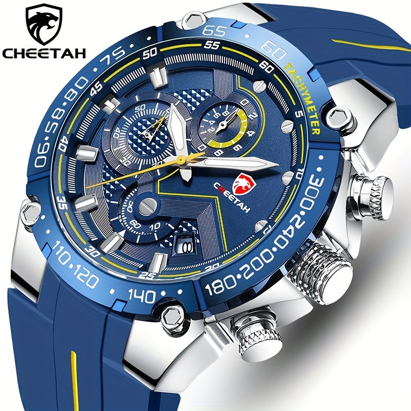 CHEETAH Luxury Quartz Sports Watch With Big Dial Chronograph And Auto Date Silicone Watchband For Men, Ideal choice for Gifts