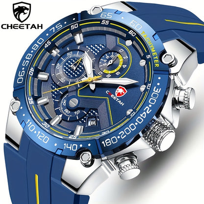 CHEETAH Luxury Quartz Sports Watch With Big Dial Chronograph And Auto Date Silicone Watchband For Men, Ideal choice for Gifts