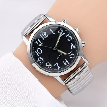 Elegant Women's Quartz Watch - Luminous Hands, Large White Dial with Date Display, Adjustable Stainless Steel Stretch Band, Zinc Alloy Case - Perfect for Parties