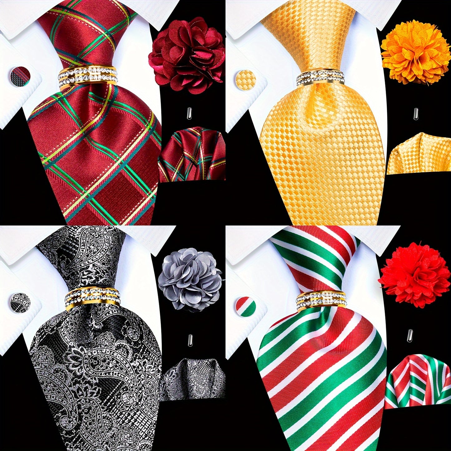 5PCS Men's Luxury Tie Set with Pocket Square, Cufflinks, Drilled Tie Ring, and Lapel Pin