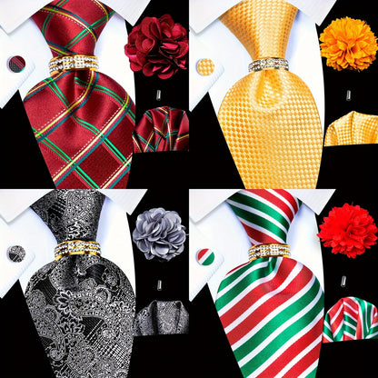 5PCS Men's Luxury Tie Set with Pocket Square, Cufflinks, Drilled Tie Ring, and Lapel Pin