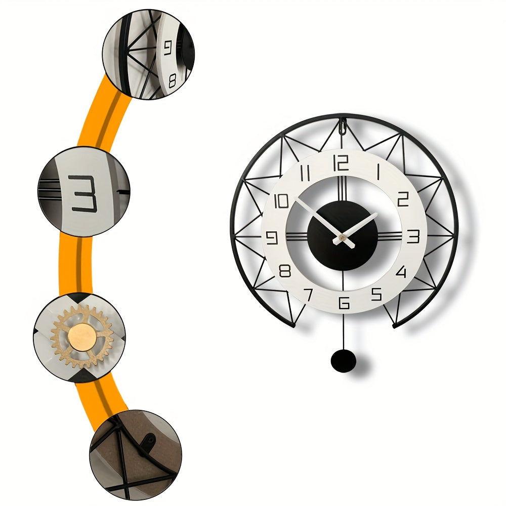 1pc Unique Swing Wood Metal Wall Clock - Silent Quartz Movement