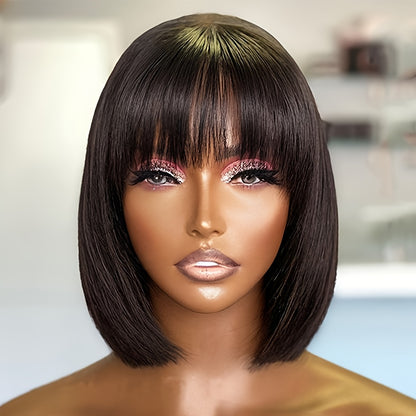 Straight Short Bob Wig With Bangs 100% Human Hair Full Machine Made Bob Wigs Glueless Straight Wigs For Women 180%