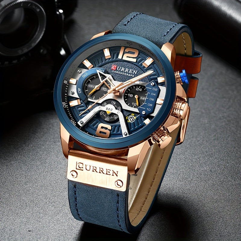 Luxurious Men's Watch With Business Chronograph, Stylish Sports Leather Strap Quartz Wristwatch
