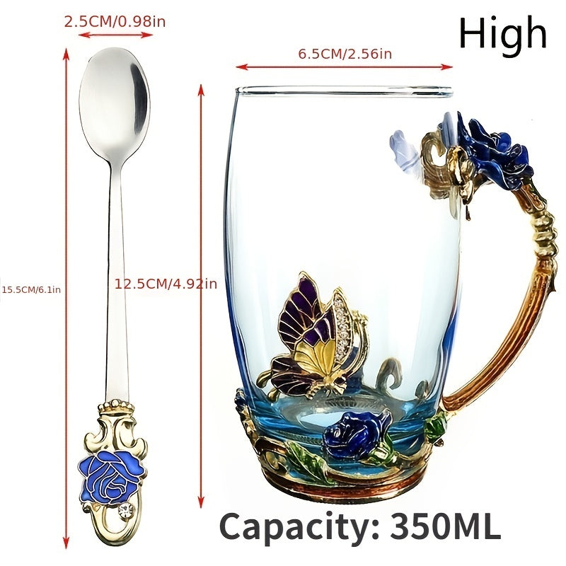 1pc Glass Cup Rose Enamel Crystal Tea Cup, Coffee Mug, Tumbler - Butterfly Rose Painted Flower Design - Clear Glass With Spoon Set - For Tea & Coffee Lovers - Perfect Gift for Mother's Day & Housewarming