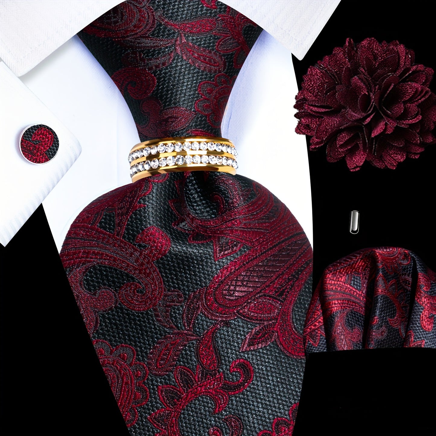 5PCS Men's Luxury Tie Set with Pocket Square, Cufflinks, Drilled Tie Ring, and Lapel Pin