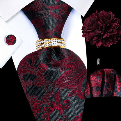 5PCS Men's Luxury Tie Set with Pocket Square, Cufflinks, Drilled Tie Ring, and Lapel Pin